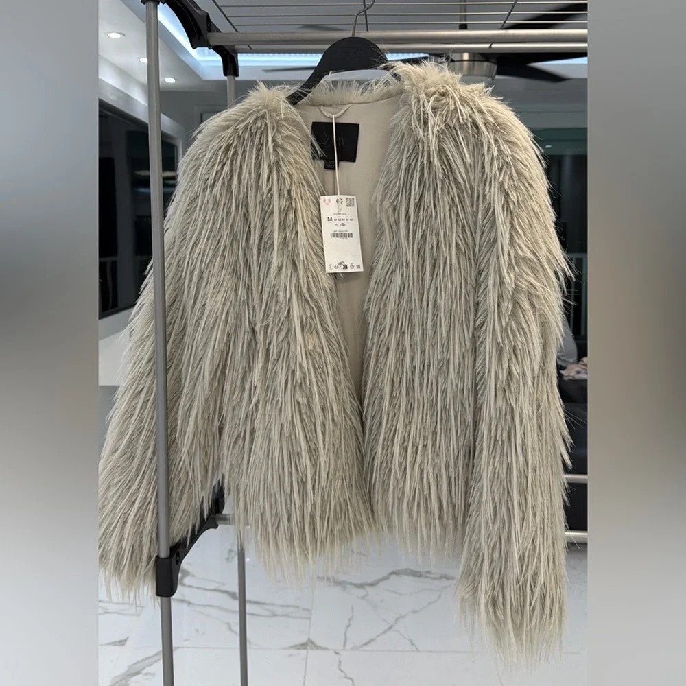 Zara faux fur coat, light grey - Picture 12 of 14